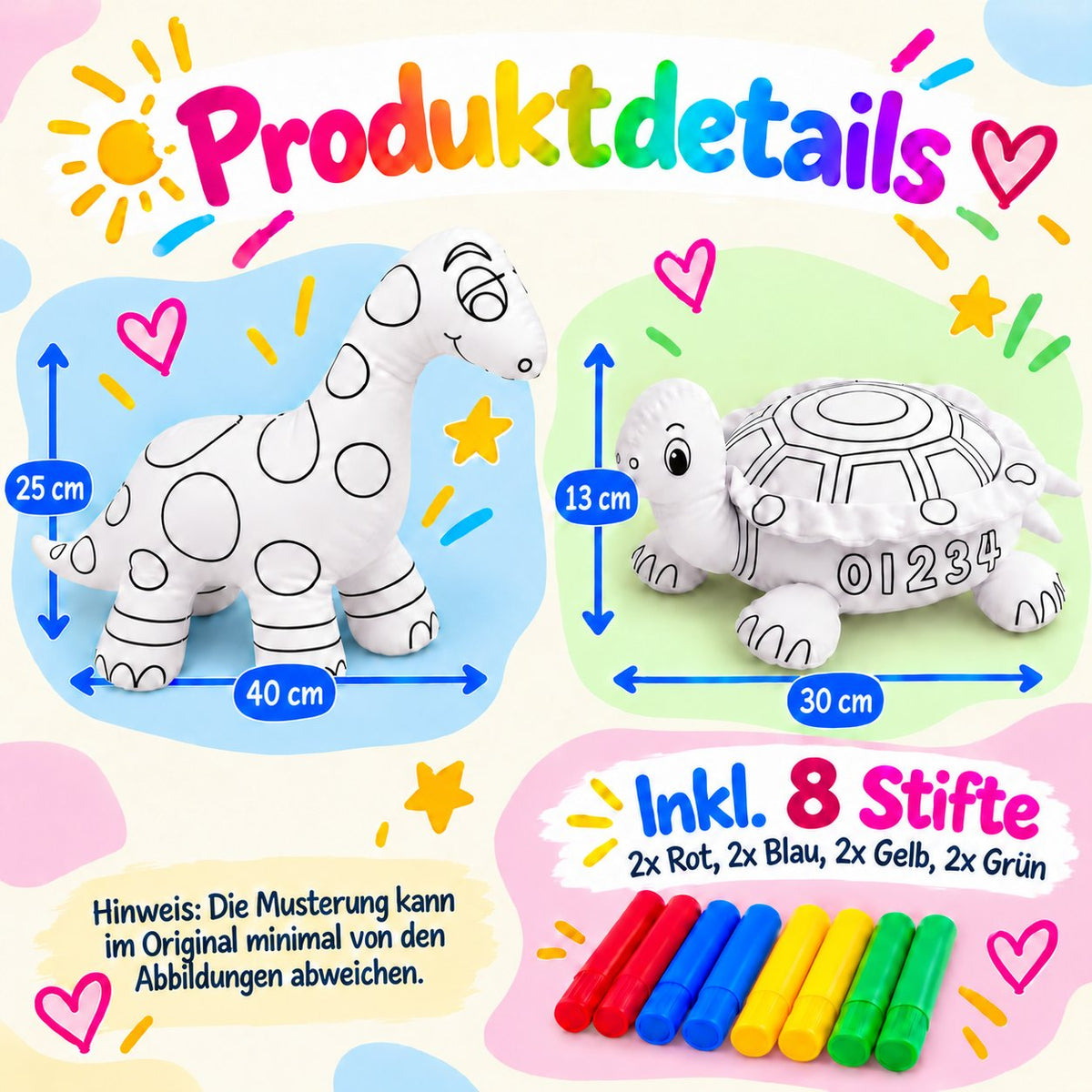 Produktdetails mit Größenangaben der Kuscheltiere Dinosaurier und Schildkröte, inklusive 8 Filzstiften in Rot, Blau, Gelb und Grün