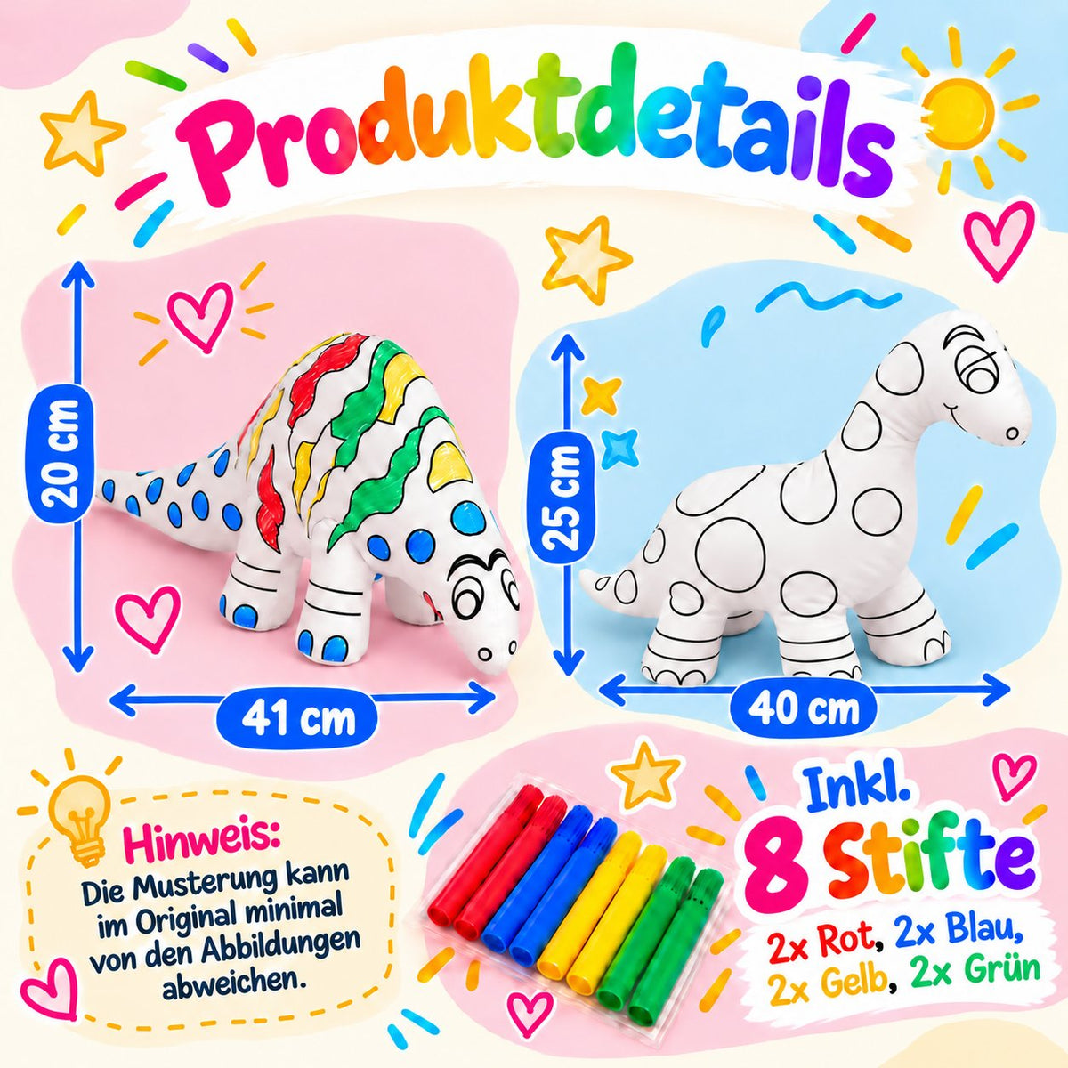 Produktdetails mit Größenangaben der Kuscheltiere zwei Dinosaurier, inklusive 8 Filzstiften in Rot, Blau, Gelb und Grün