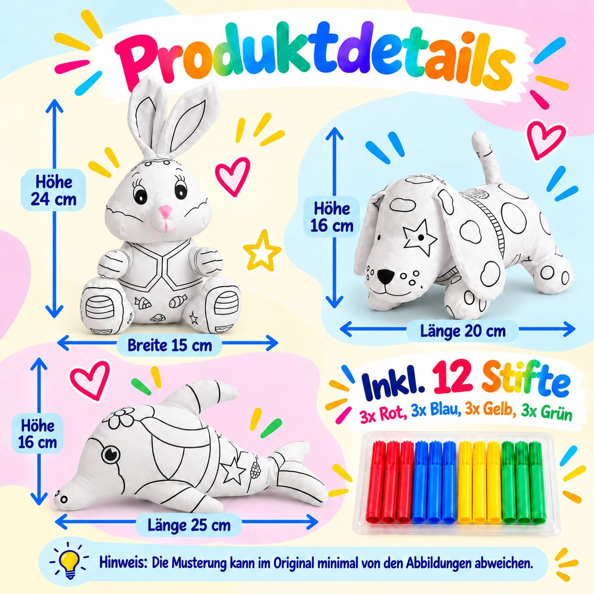 Produktdetails mit Größenangaben der Kuscheltiere Delphin, Hund und Hase, inklusive 12 Filzstiften in Rot, Blau, Gelb und Grün