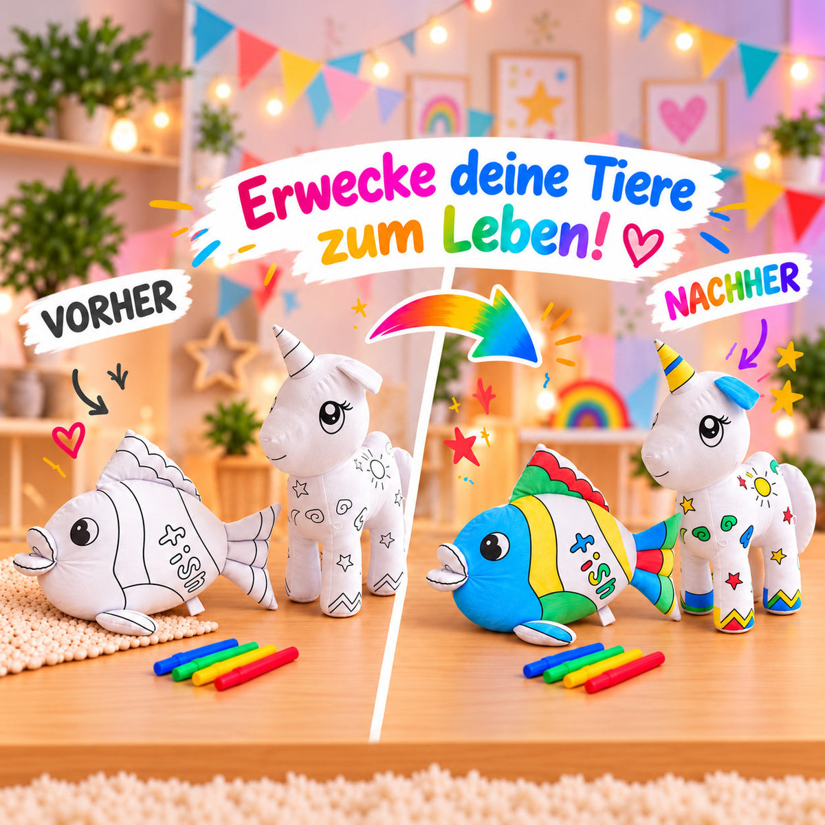 Vorher-Nachher: unbemalte und bunt bemalte Kuscheltiere Einhorn und Fisch