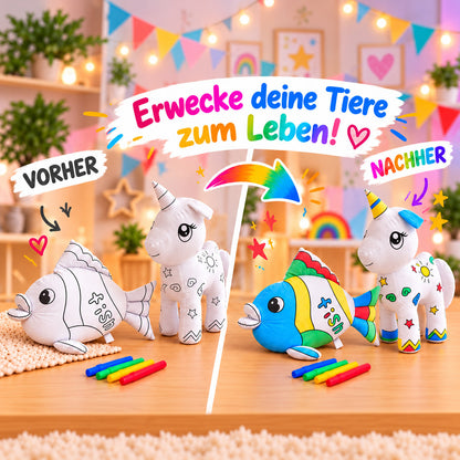 Vorher-Nachher: unbemalte und bunt bemalte Kuscheltiere Einhorn und Fisch