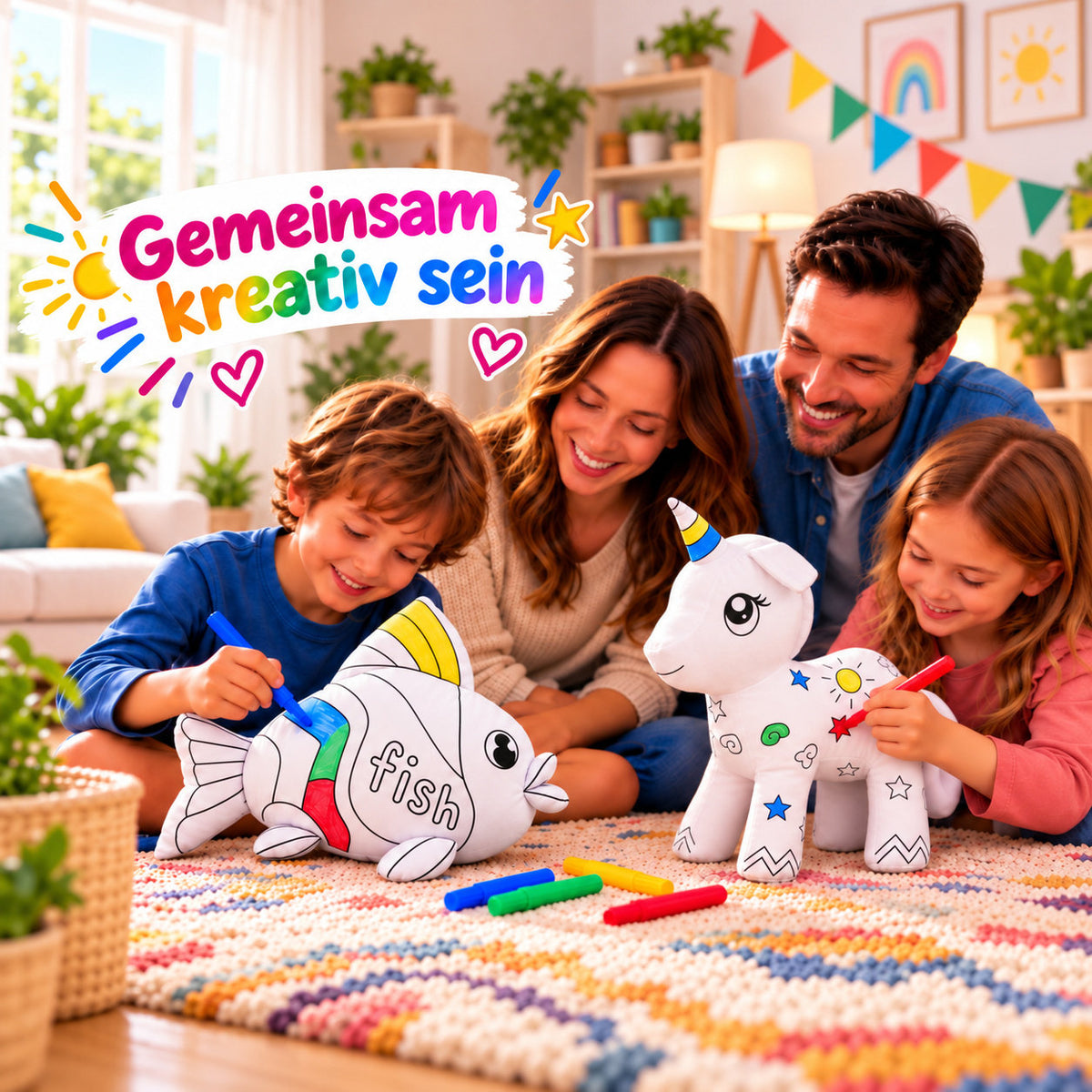 Familie malt gemeinsam Kuscheltiere an: Einhorn und Fisch und bunte Filzstifte