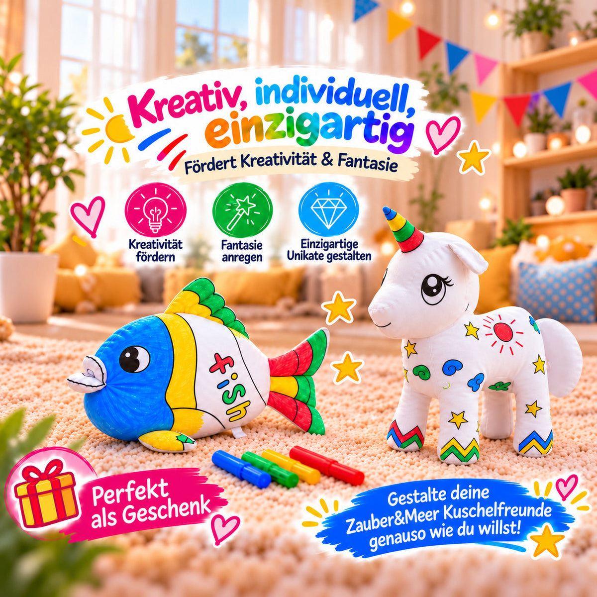 Bunt bemalte Kuscheltiere Einhorn und Fisch mit Filzstiften, Hinweise auf Kreativität, Fantasie und Geschenkidee
