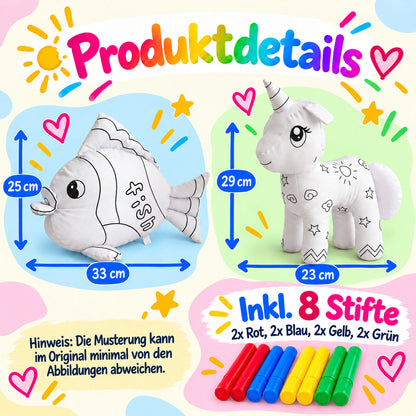 Produktdetails mit Größenangaben der Kuscheltiere Einhorn und Fisch, inklusive 8 Filzstiften in Rot, Blau, Gelb und Grün