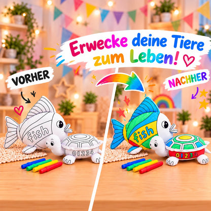 Vorher-Nachher: unbemalte und bunt bemalte Kuscheltiere Fisch und Schildkröte