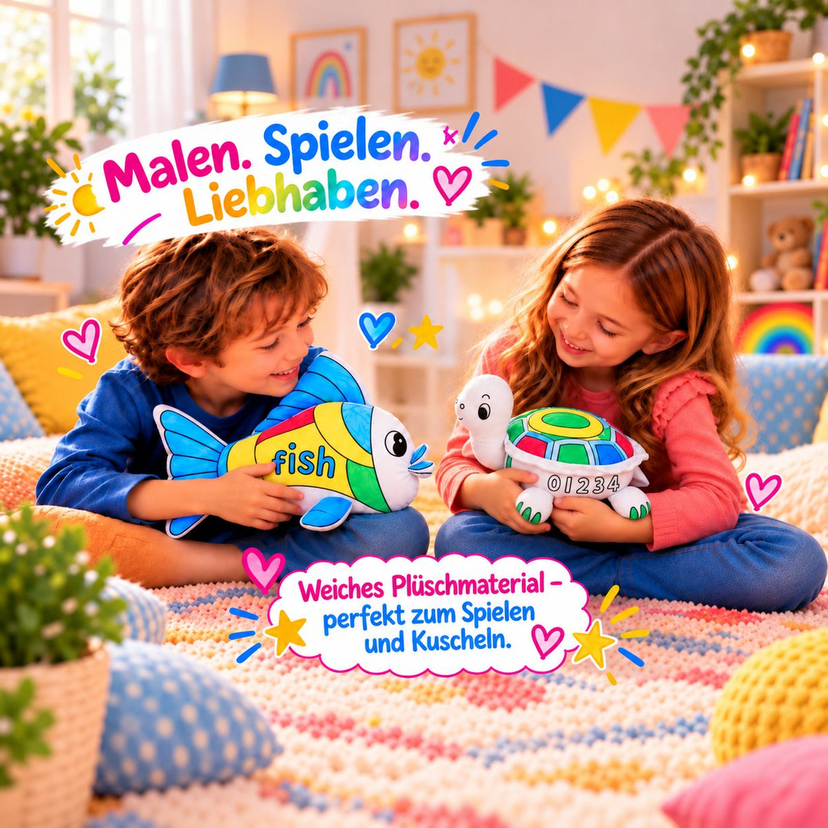 Zwei Kinder halten und kuscheln mit ihren bemalten Kuscheltieren: Fisch und Schildkröte