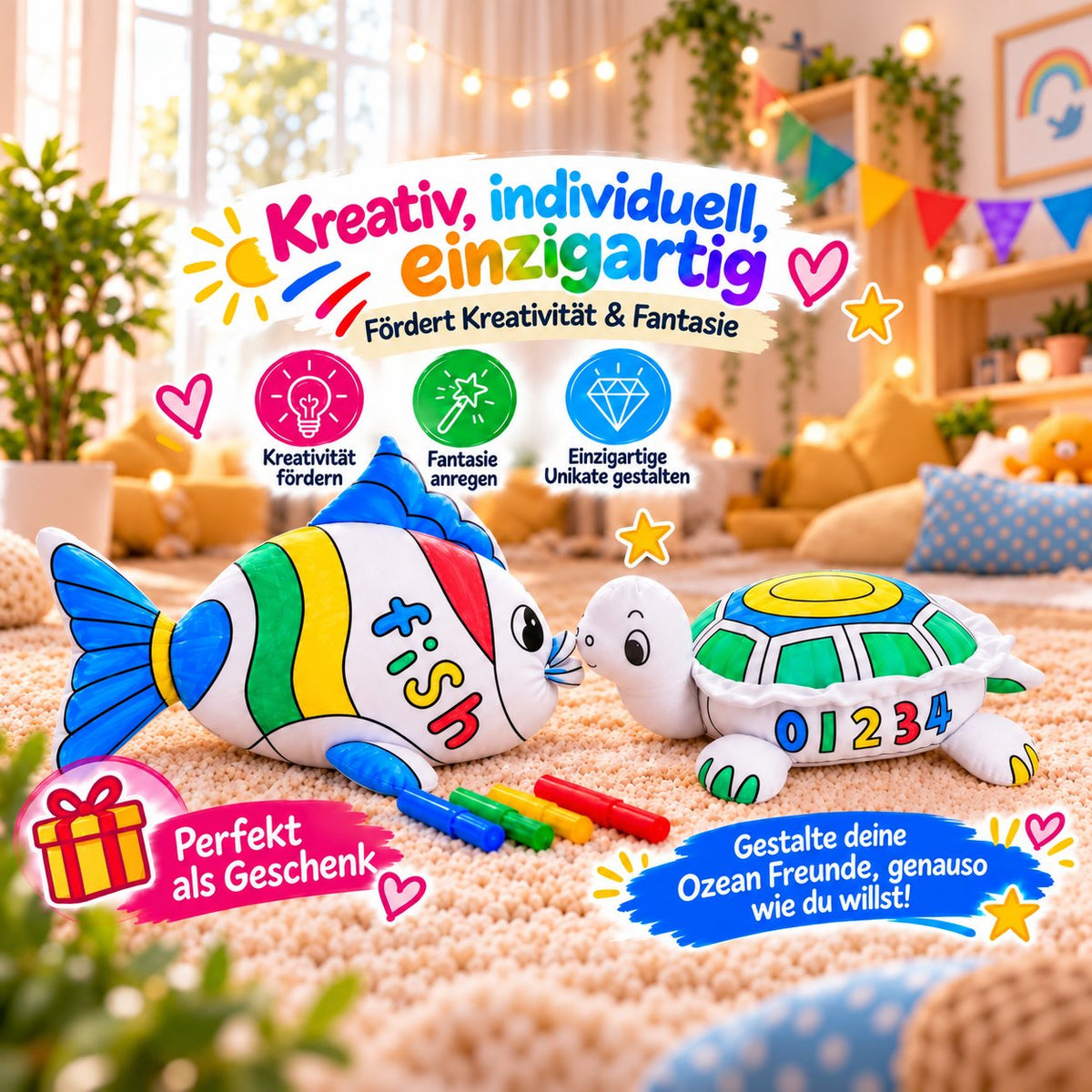 Bunt bemalte Kuscheltiere Fisch und Schildkröte mit Filzstiften, Hinweise auf Kreativität, Fantasie und Geschenkidee