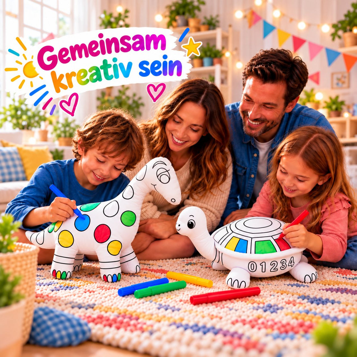 Familie malt gemeinsam Kuscheltiere an: Dinosaurier und Schildkröte und bunte Filzstifte