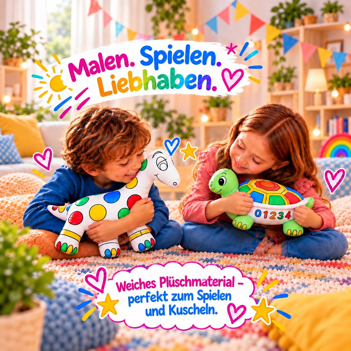 Zwei Kinder halten und kuscheln mit ihren bemalten Kuscheltieren: Dinosaurier und Schildkröte