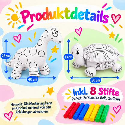 Produktdetails mit Größenangaben der Kuscheltiere Dinosaurier und Schildkröte, inklusive 8 Filzstiften in Rot, Blau, Gelb und Grün