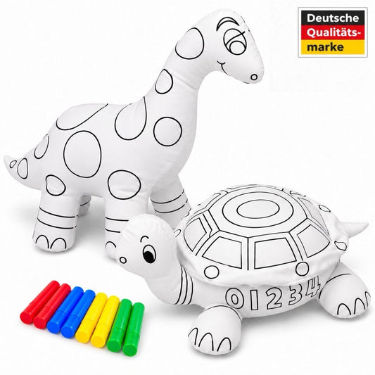 Unbemalte weiße Kuscheltiere zum Bemalen: Dinosaurier und Schildkröte mit 8 Filzstiften, Siegel „Deutsche Qualitätsmarke“