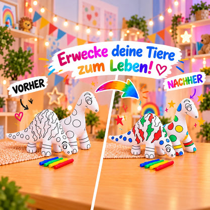 Vorher-Nachher: unbemalte und bunt bemalte Kuscheltiere zwei Dinosaurier