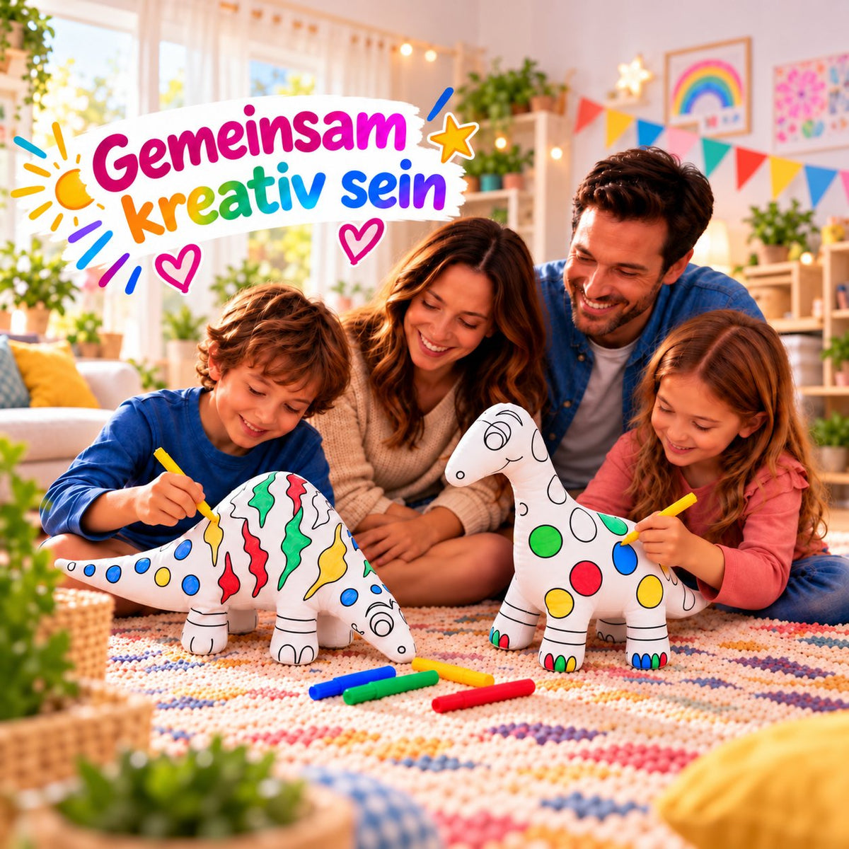 Familie malt gemeinsam Kuscheltiere an: zwei Dinosaurier und bunte Filzstifte