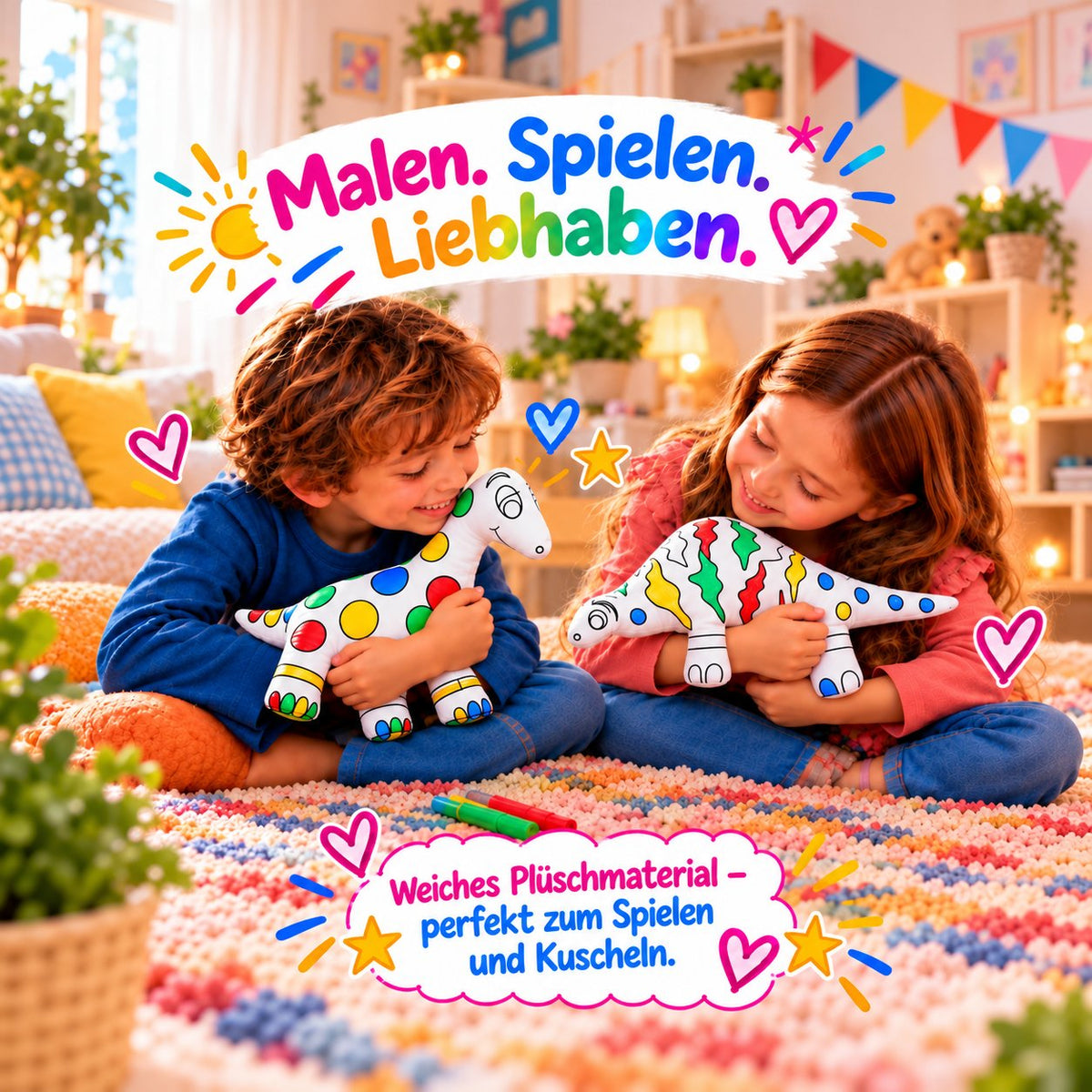 Zwei Kinder halten und kuscheln mit ihren bemalten Kuscheltieren: zwei Dinosaurier