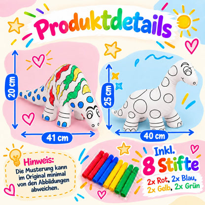 Produktdetails mit Größenangaben der Kuscheltiere zwei Dinosaurier, inklusive 8 Filzstiften in Rot, Blau, Gelb und Grün