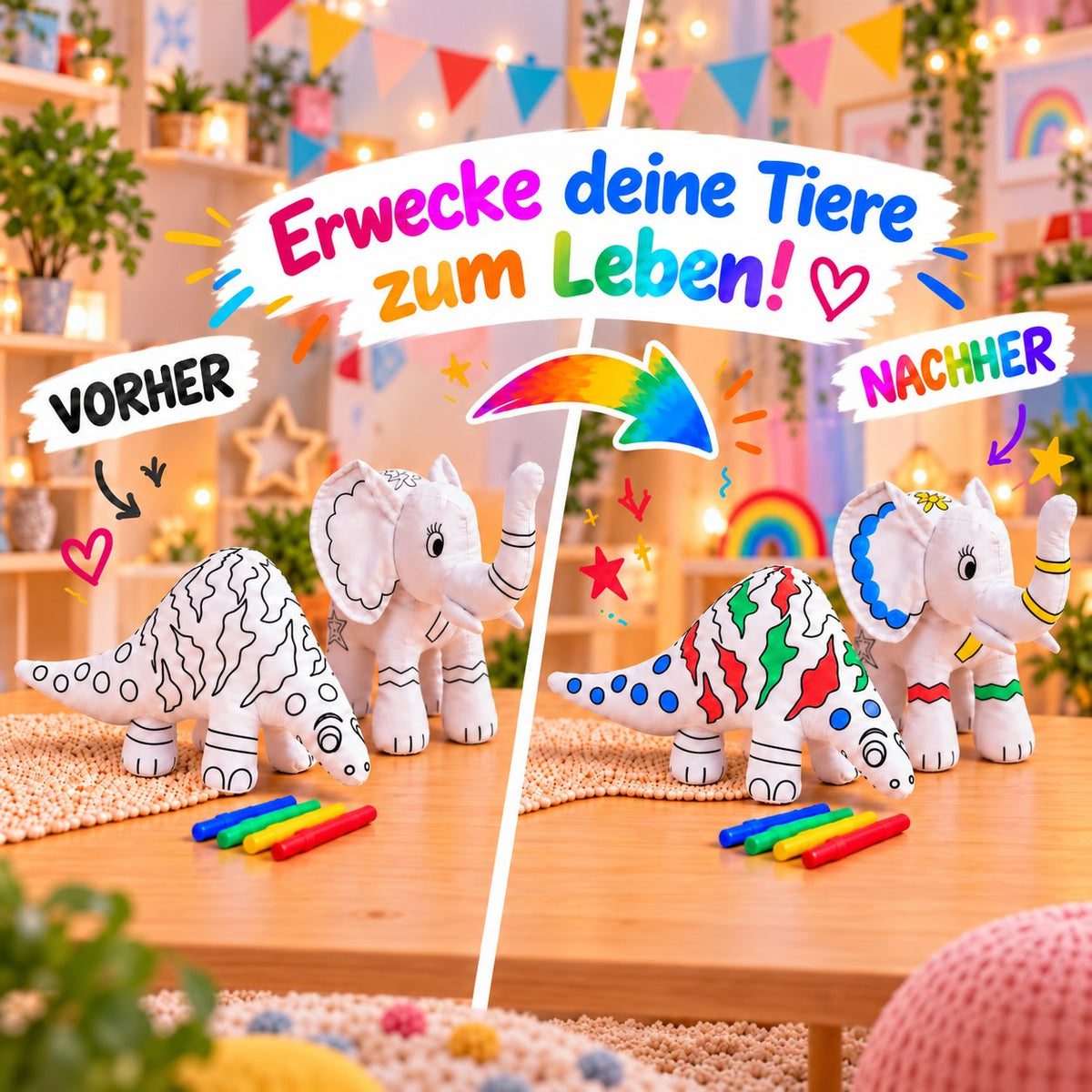 Vorher-Nachher: unbemalte und bunt bemalte Kuscheltiere Dinosaurier und Elefant