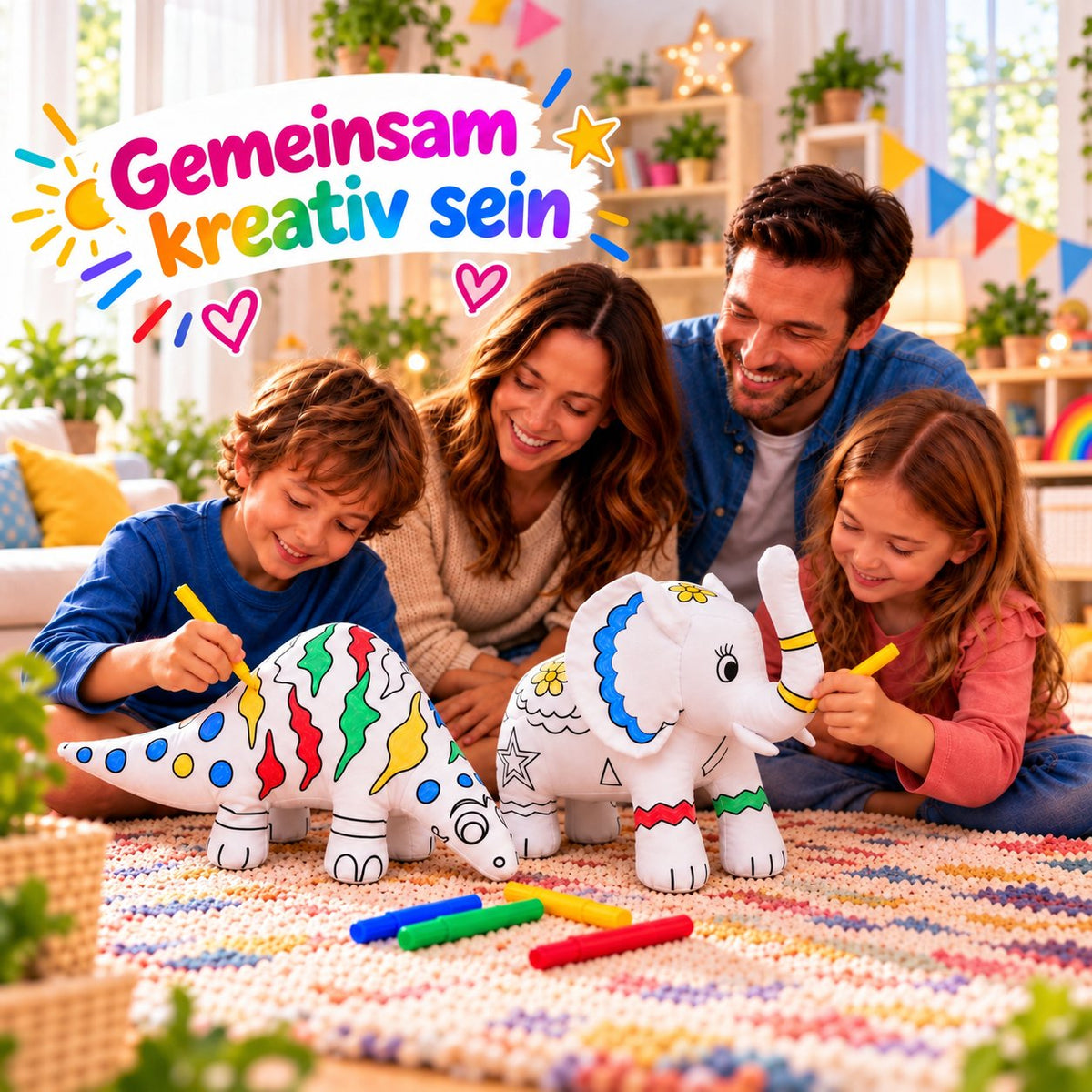 Familie malt gemeinsam Kuscheltiere an: Dinosaurier und Elefant und bunte Filzstifte
