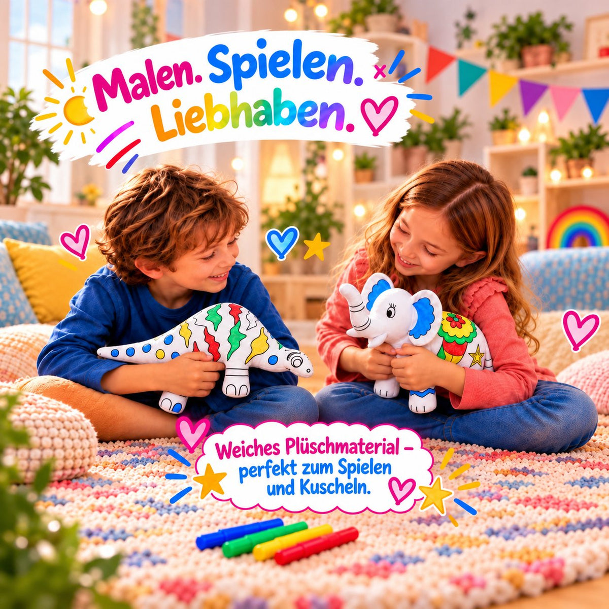 Zwei Kinder halten und kuscheln mit ihren bemalten Kuscheltieren: Dinosaurier und Elefant
