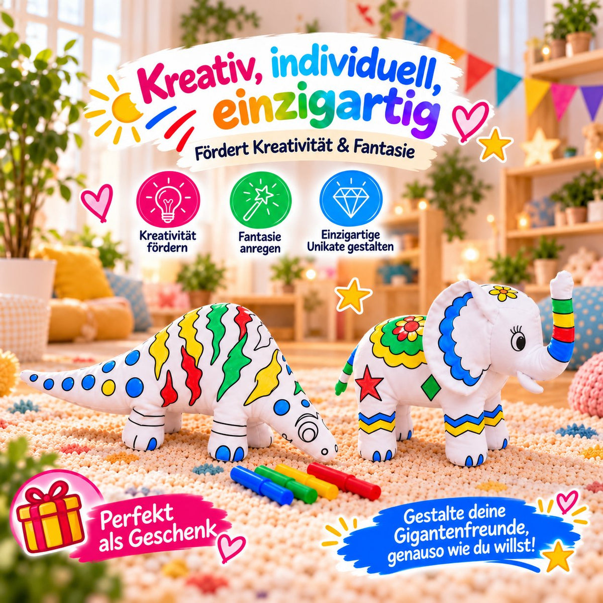 Bunt bemalte Kuscheltiere Dinosaurier und Elefant mit Filzstiften, Hinweise auf Kreativität, Fantasie und Geschenkidee
