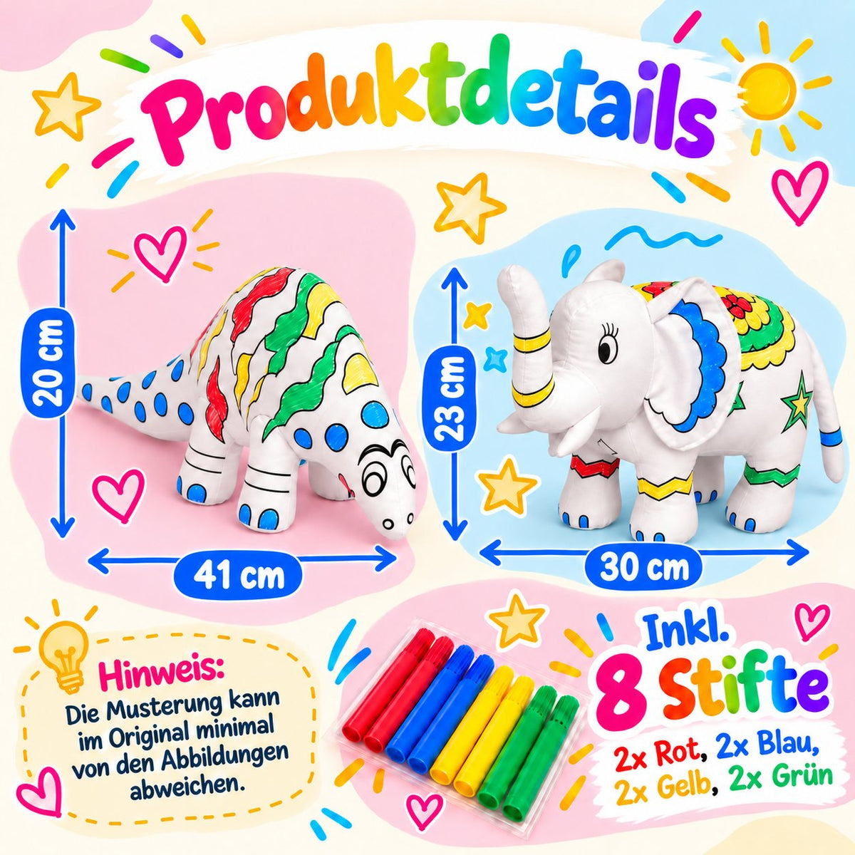 Produktdetails mit Größenangaben der Kuscheltiere Dinosaurier und Elefant, inklusive 8 Filzstiften in Rot, Blau, Gelb und Grün