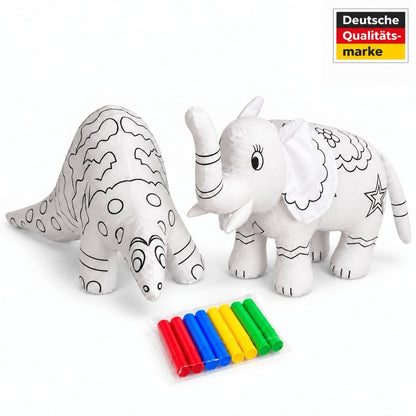Unbemalte weiße Kuscheltiere zum Bemalen: Dinosaurier und Elefant mit 8 Filzstiften, Siegel „Deutsche Qualitätsmarke“