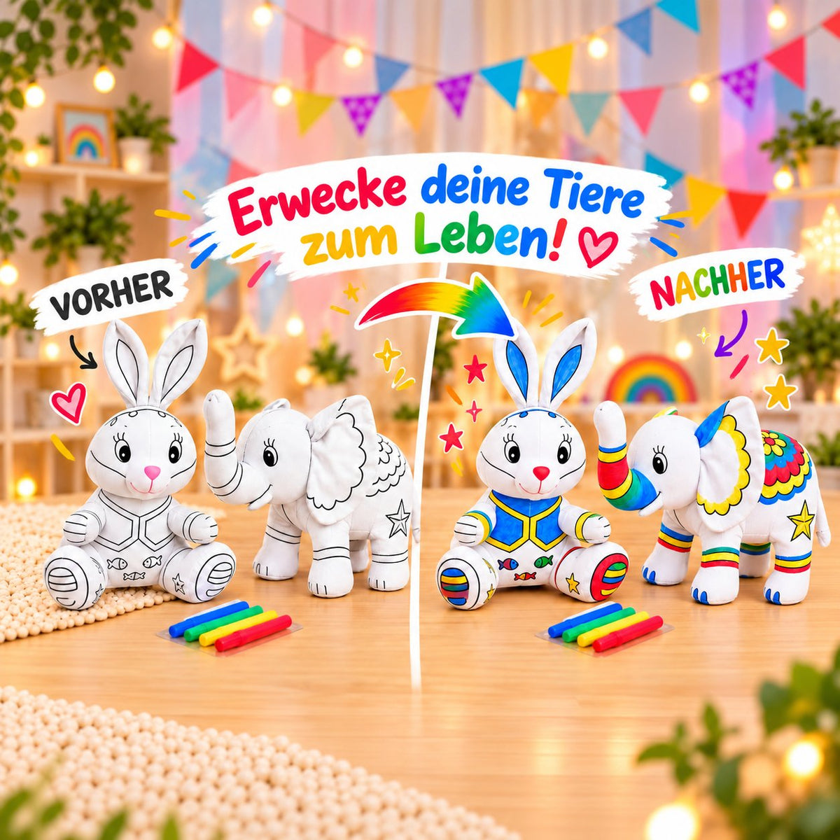 Vorher-Nachher: unbemalte und bunt bemalte Kuscheltiere Hase und Elefant