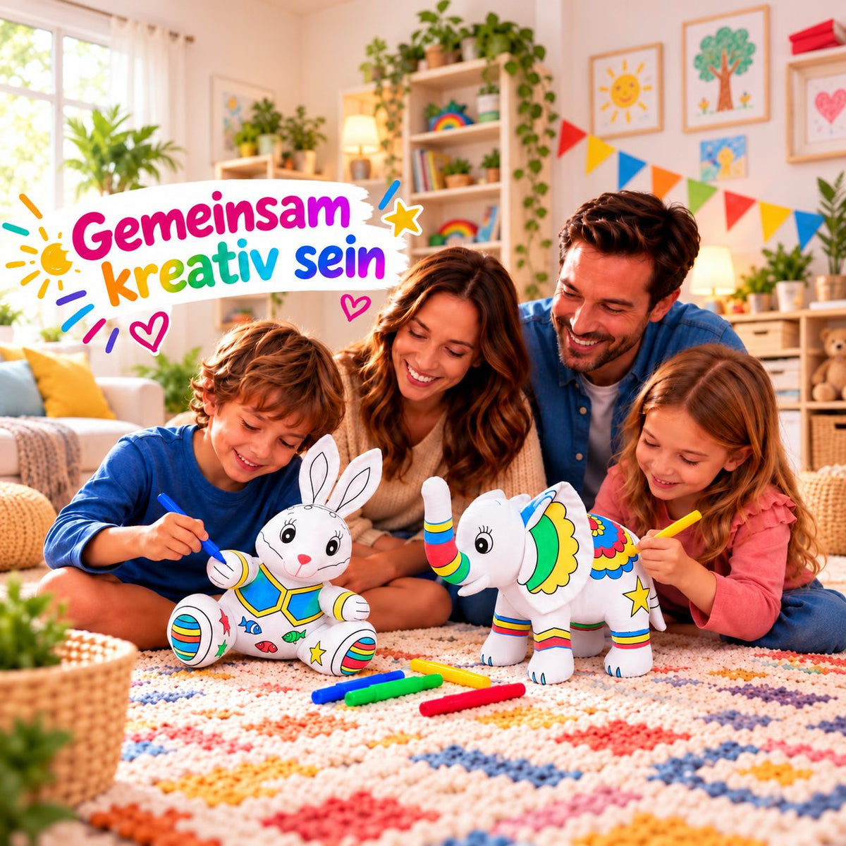 Familie malt gemeinsam Kuscheltiere an: Hase und Elefant und bunte Filzstifte