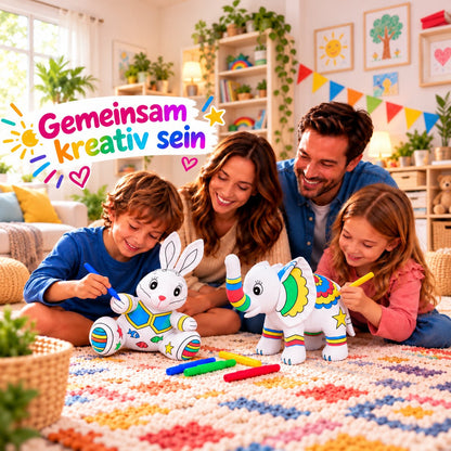 Familie malt gemeinsam Kuscheltiere an: Hase und Elefant und bunte Filzstifte