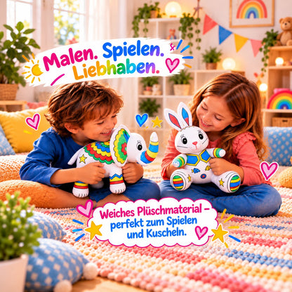 Zwei Kinder halten und kuscheln mit ihren bemalten Kuscheltieren: Hase und Elefant