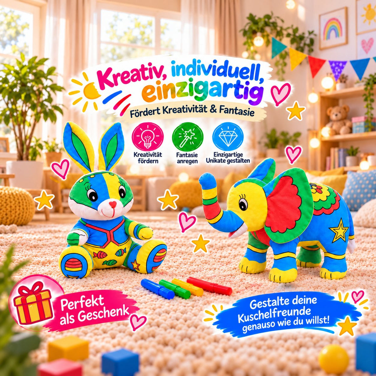 Bunt bemalte Kuscheltiere Hase und Elefant mit Filzstiften, Hinweise auf Kreativität, Fantasie und Geschenkidee