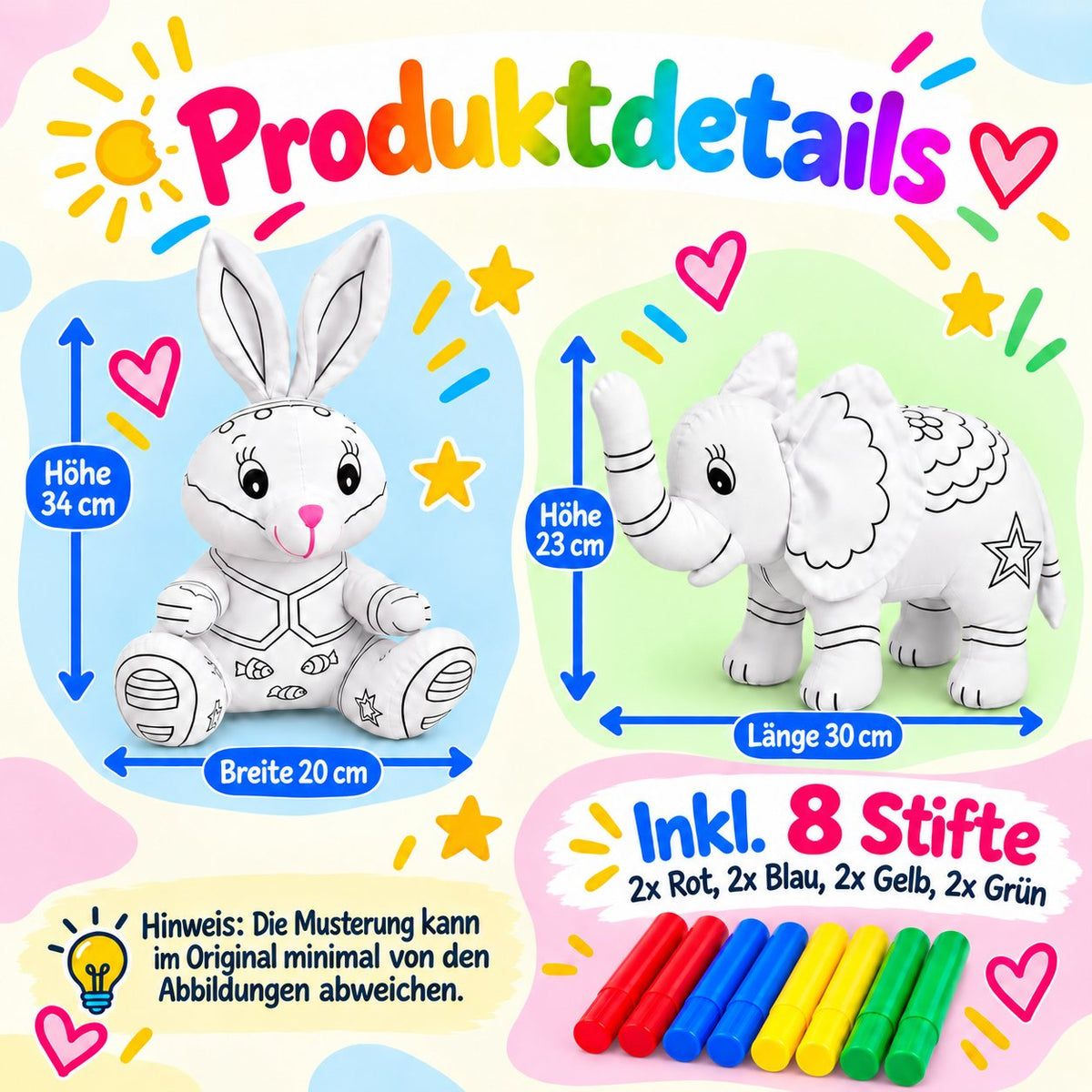 Produktdetails mit Größenangaben der Kuscheltiere Hase und Elefant, inklusive 8 Filzstiften in Rot, Blau, Gelb und Grün