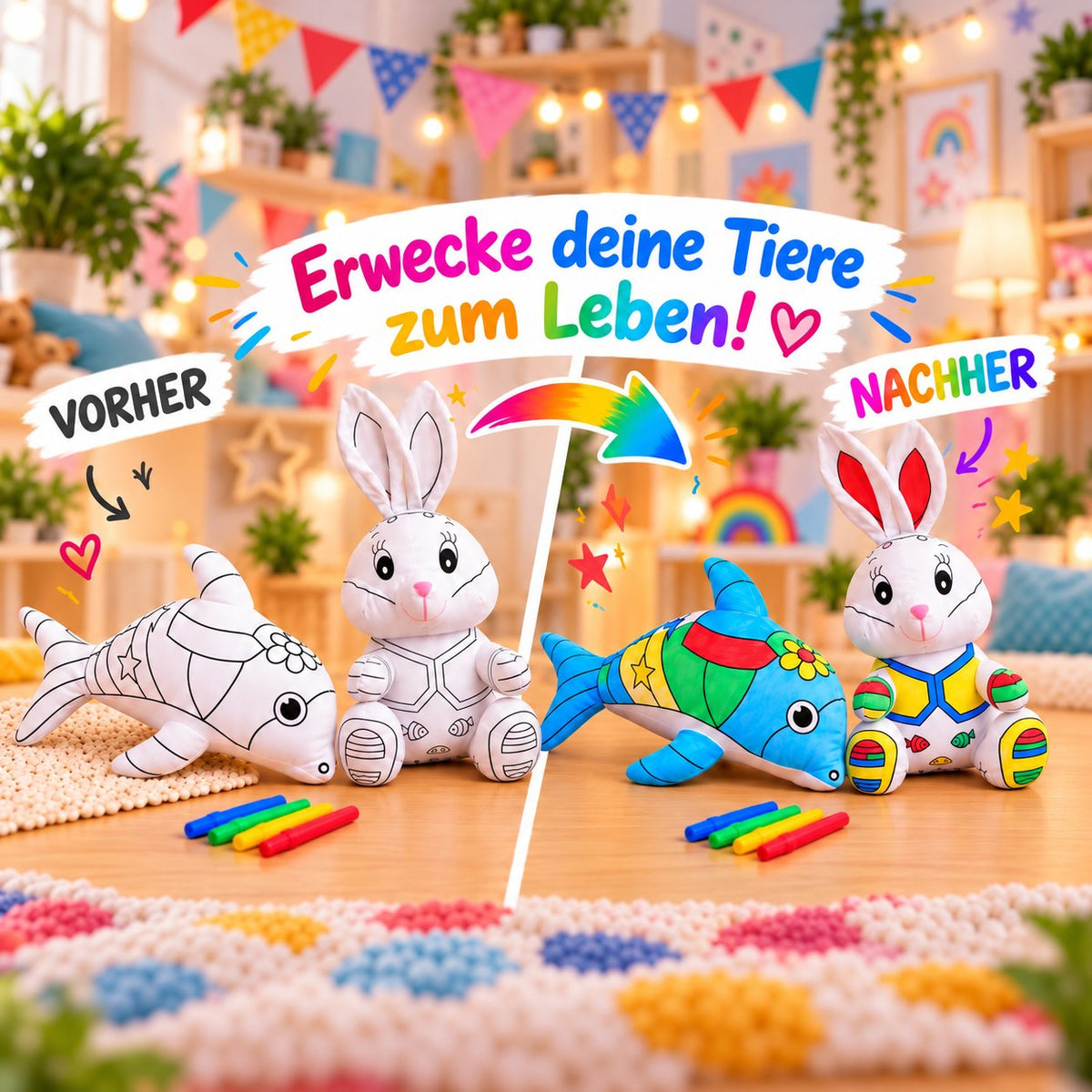 Vorher-Nachher: unbemalte und bunt bemalte Kuscheltiere Hase und Delphin
