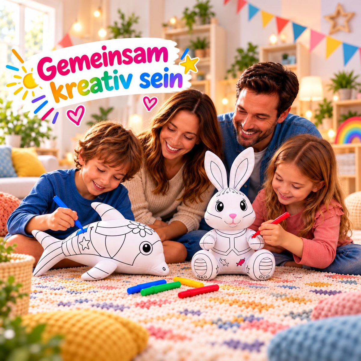 Familie malt gemeinsam Kuscheltiere an: Hase und Delphin und bunte Filzstifte