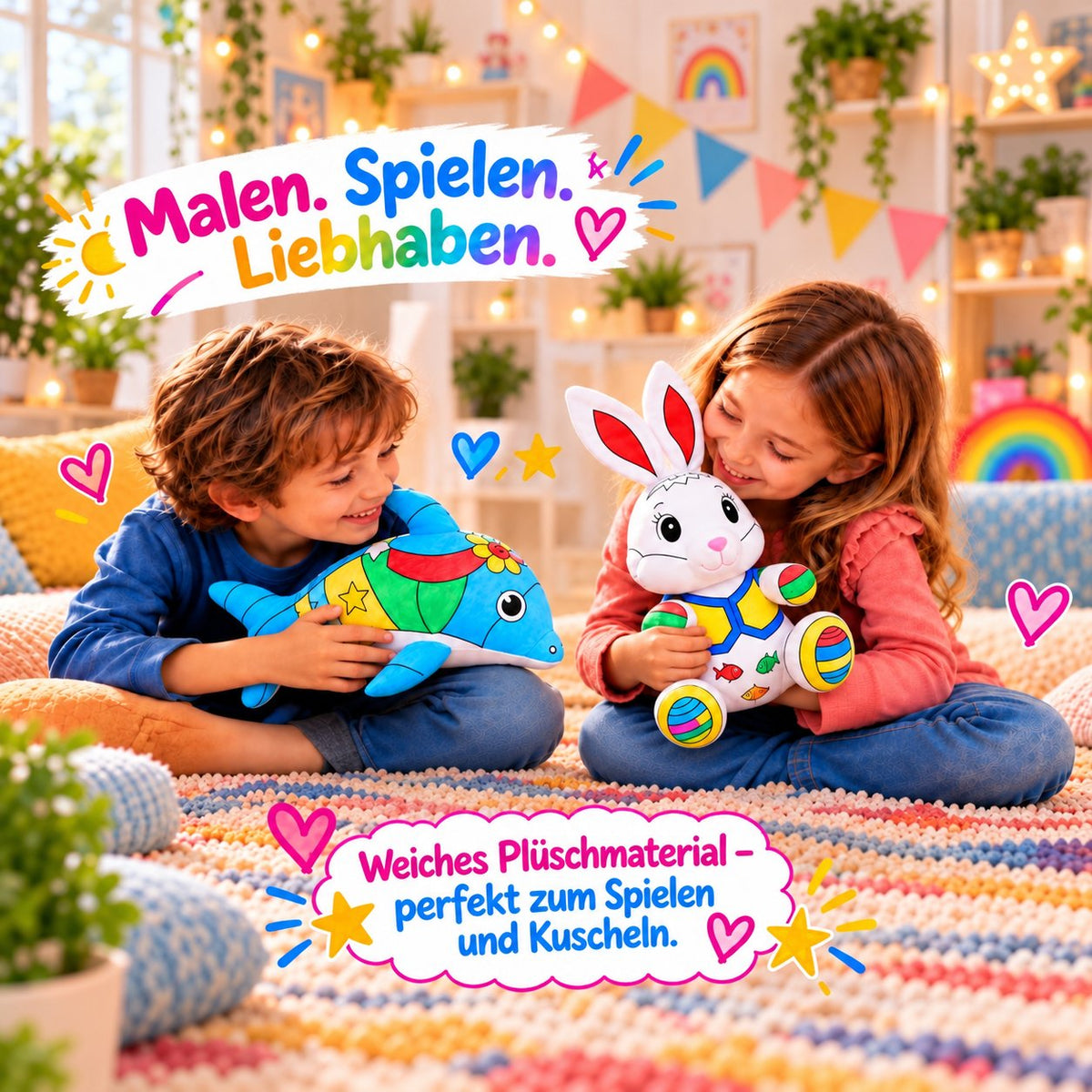 Zwei Kinder halten und kuscheln mit ihren bemalten Kuscheltieren: Hase und Delphin