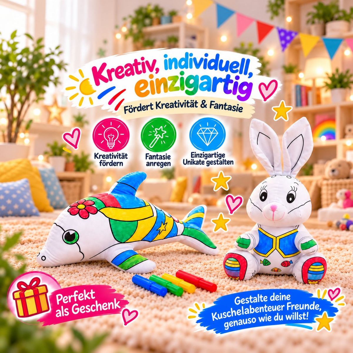 Bunt bemalte Kuscheltiere Hase und Delphin mit Filzstiften, Hinweise auf Kreativität, Fantasie und Geschenkidee