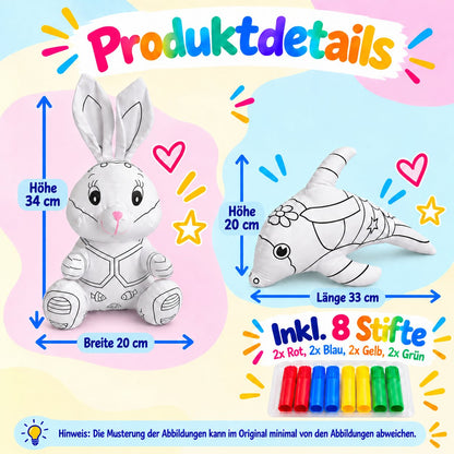 Produktdetails mit Größenangaben der Kuscheltiere Hase und Delphin, inklusive 8 Filzstiften in Rot, Blau, Gelb und Grün