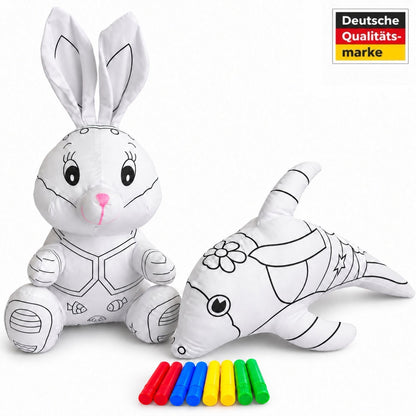 Unbemalte weiße Kuscheltiere zum Bemalen: Hase und Delphin mit 8 Filzstiften, Siegel „Deutsche Qualitätsmarke“
