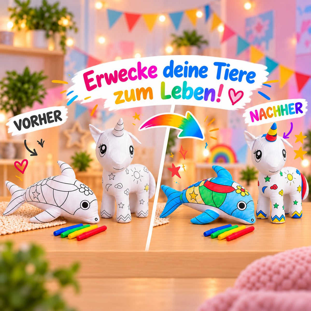 Vorher-Nachher: unbemalte und bunt bemalte Kuscheltiere Einhorn und Delphin