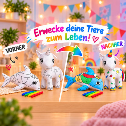 Vorher-Nachher: unbemalte und bunt bemalte Kuscheltiere Einhorn und Delphin