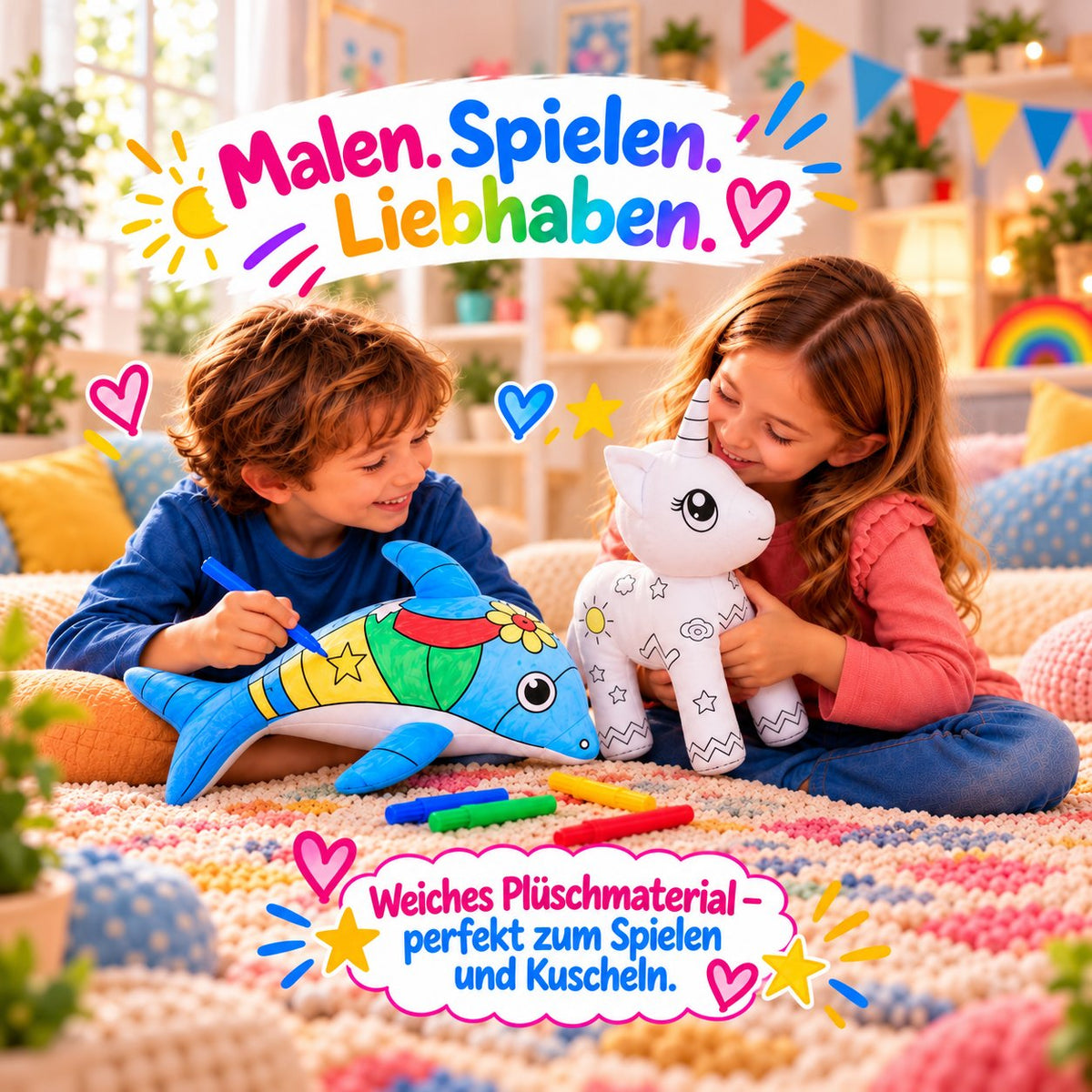 Zwei Kinder halten und kuscheln mit ihren bemalten Kuscheltieren: Einhorn und Delphin