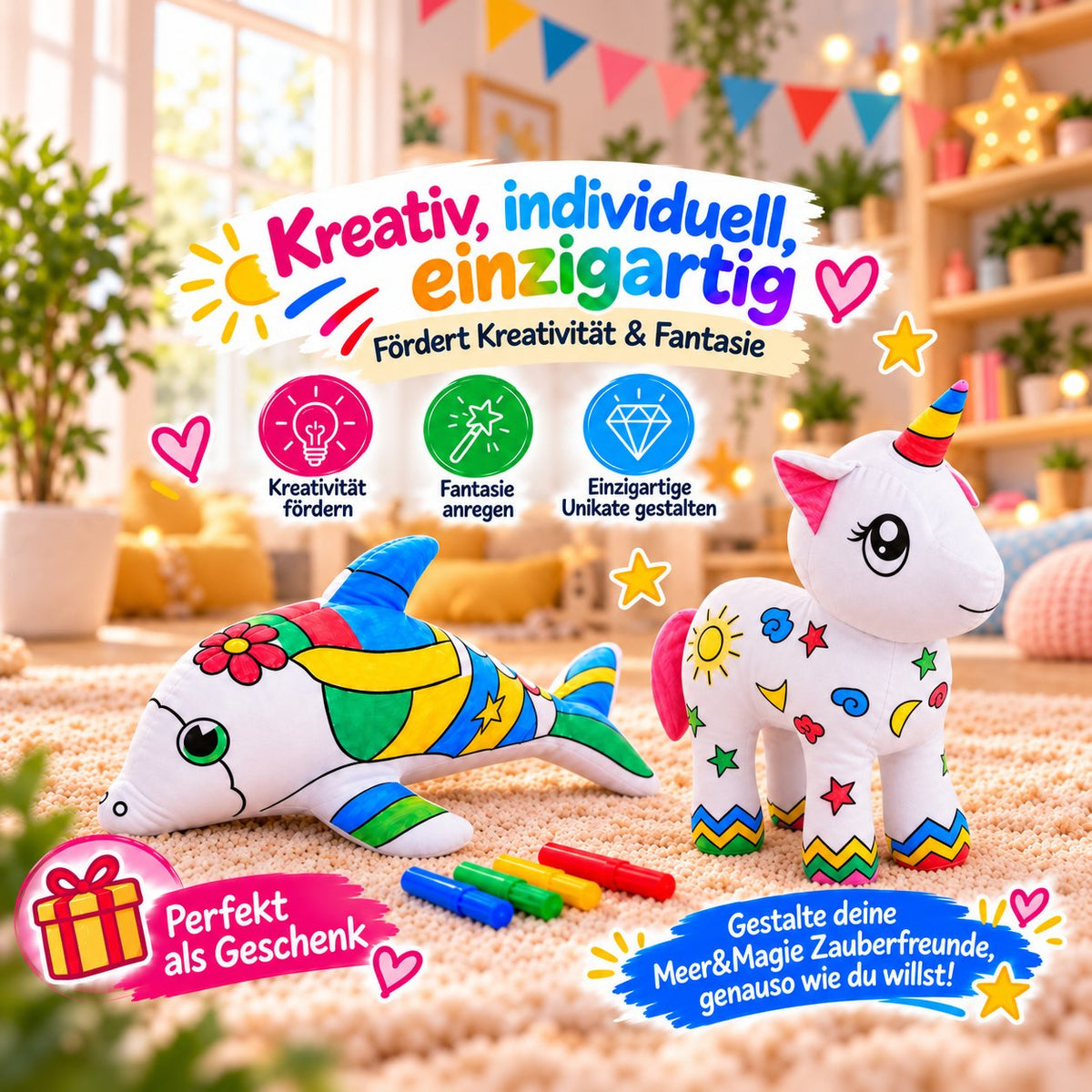Bunt bemalte Kuscheltiere Einhorn und Delphin mit Filzstiften, Hinweise auf Kreativität, Fantasie und Geschenkidee