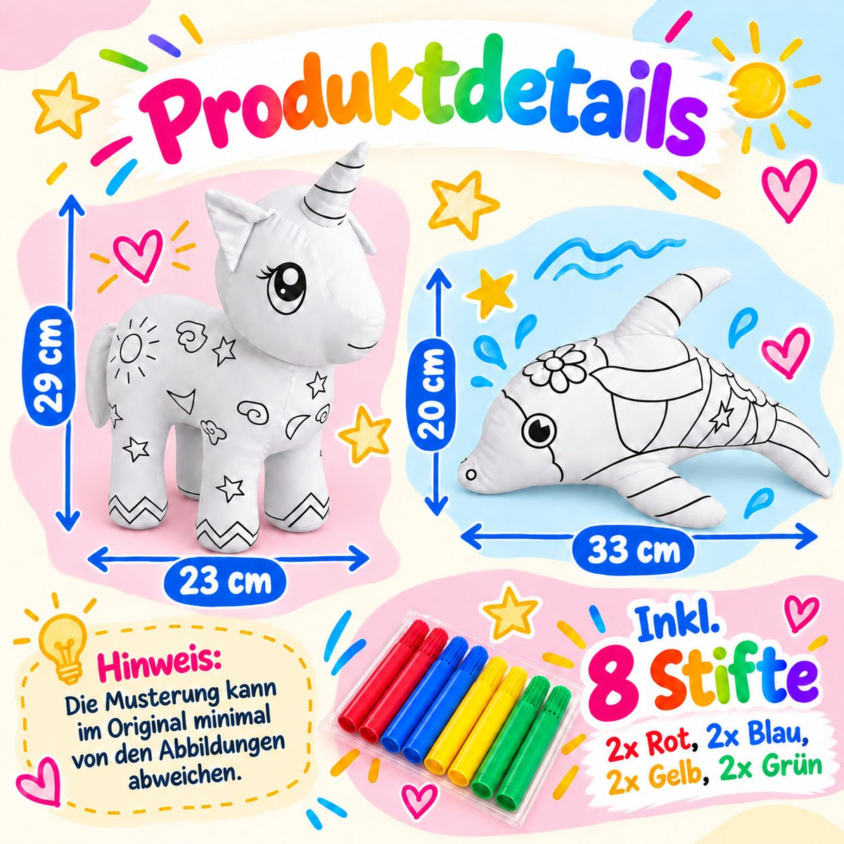 Produktdetails mit Größenangaben der Kuscheltiere Einhorn und Delphin, inklusive 8 Filzstiften in Rot, Blau, Gelb und Grün