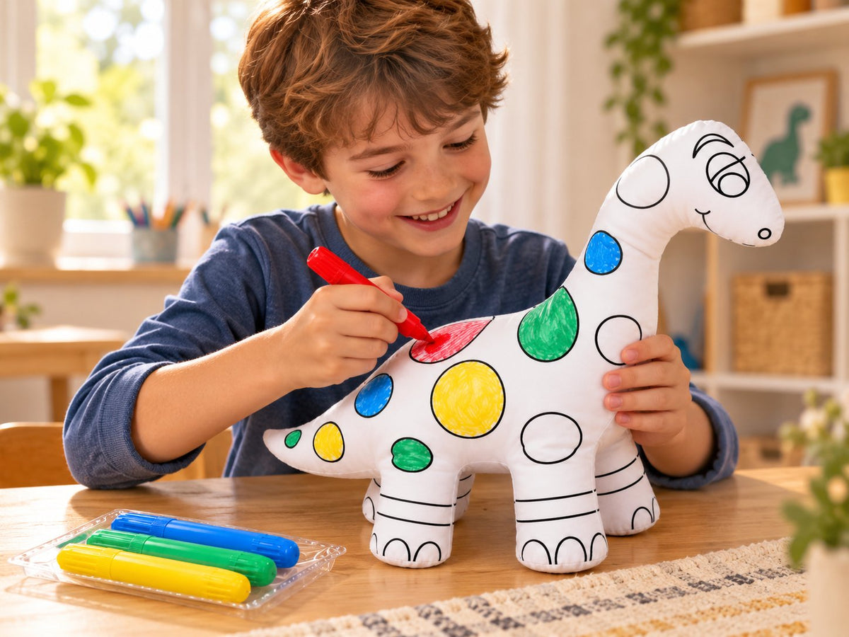 Junge bemalt ein Dino-Kuscheltier mit Filzstiften