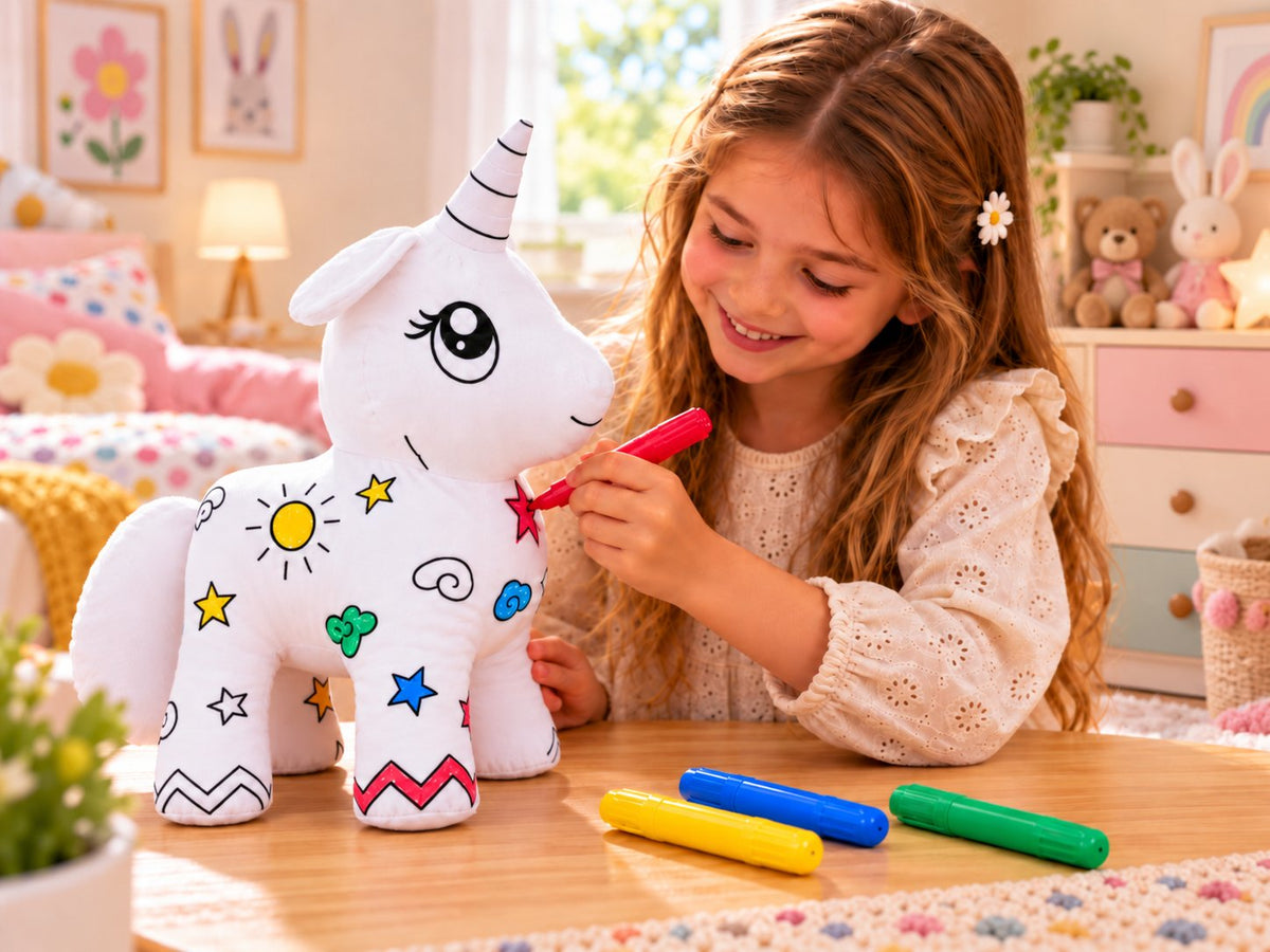 Mädchen bemalt ein Einhorn-Kuscheltier mit Filzstiften