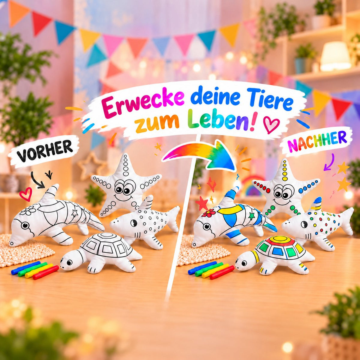 Vorher-Nachher: unbemalte und bunt bemalte Kuscheltiere Delphin, Hai, Schildkröte und Seestern