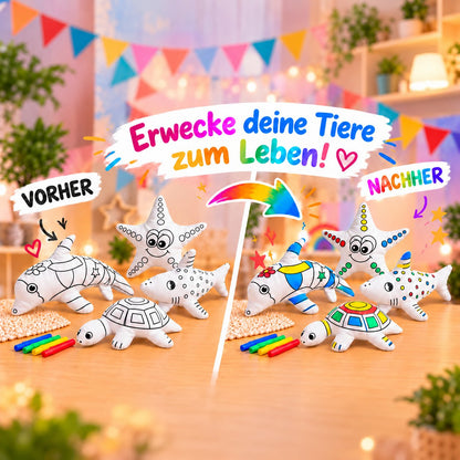 Vorher-Nachher: unbemalte und bunt bemalte Kuscheltiere Delphin, Hai, Schildkröte und Seestern