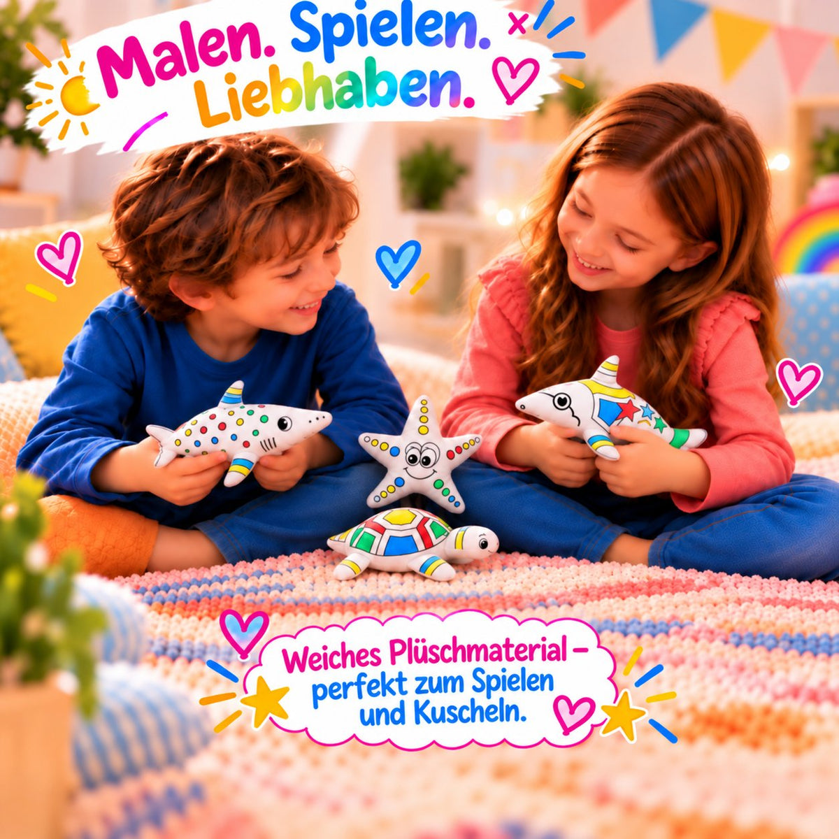 Zwei Kinder halten und kuscheln mit ihren bemalten Kuscheltieren: Delphin, Hai, Schildkröte und Seestern