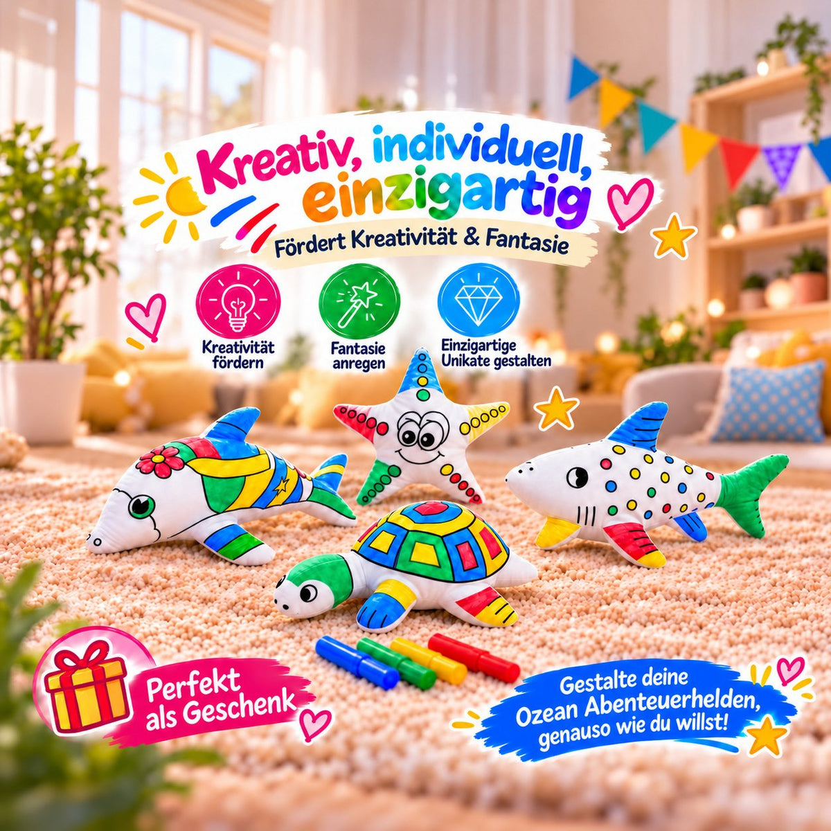 Bunt bemalte Kuscheltiere Delphin, Hai, Schildkröte und Seestern mit Filzstiften, Hinweise auf Kreativität, Fantasie und Geschenkidee