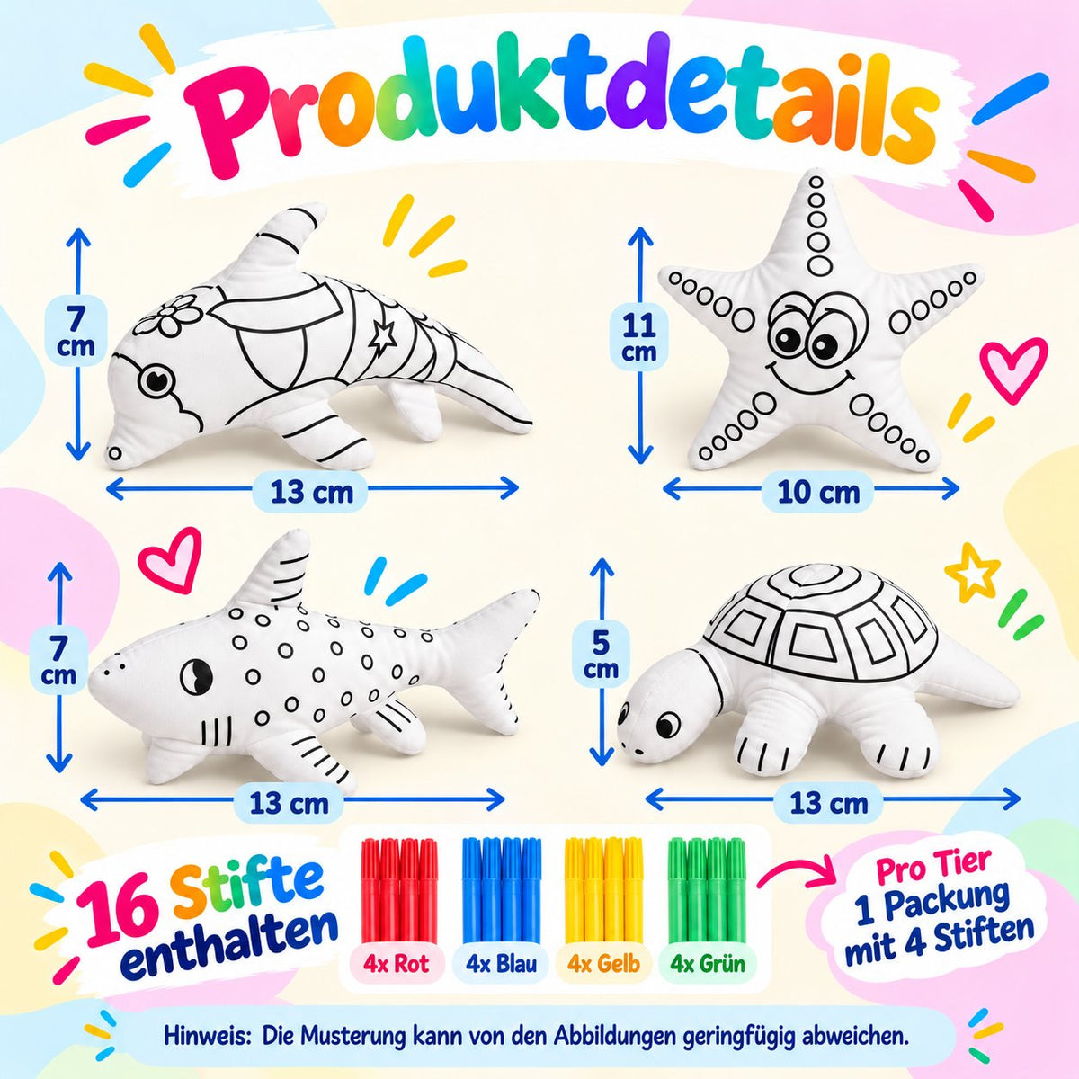 Produktdetails mit Größenangaben der Kuscheltiere Delphin, Hai, Schildkröte und Seestern, inklusive 16 Filzstiften in Rot, Blau, Gelb und Grün
