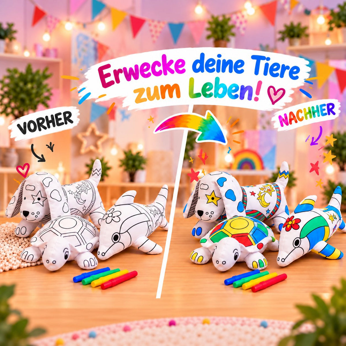 Vorher-Nachher: unbemalte und bunt bemalte Kuscheltiere Hund, Schildkröte und Delphin